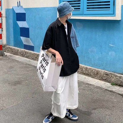 2025 Summer Streetwear Men Short Sleeve Irregular Patchwork Denim Shirt Male Tops Daily Casual Pocket Blouses Unisex Clothes