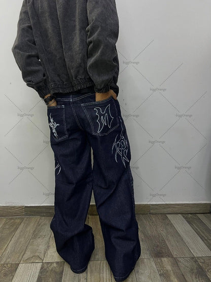 Retro Gothic Street Clothing Fashion Hip Hop American Loose Straight Wide Legs Women Line Harajuku Oversized Washed Jeans Men