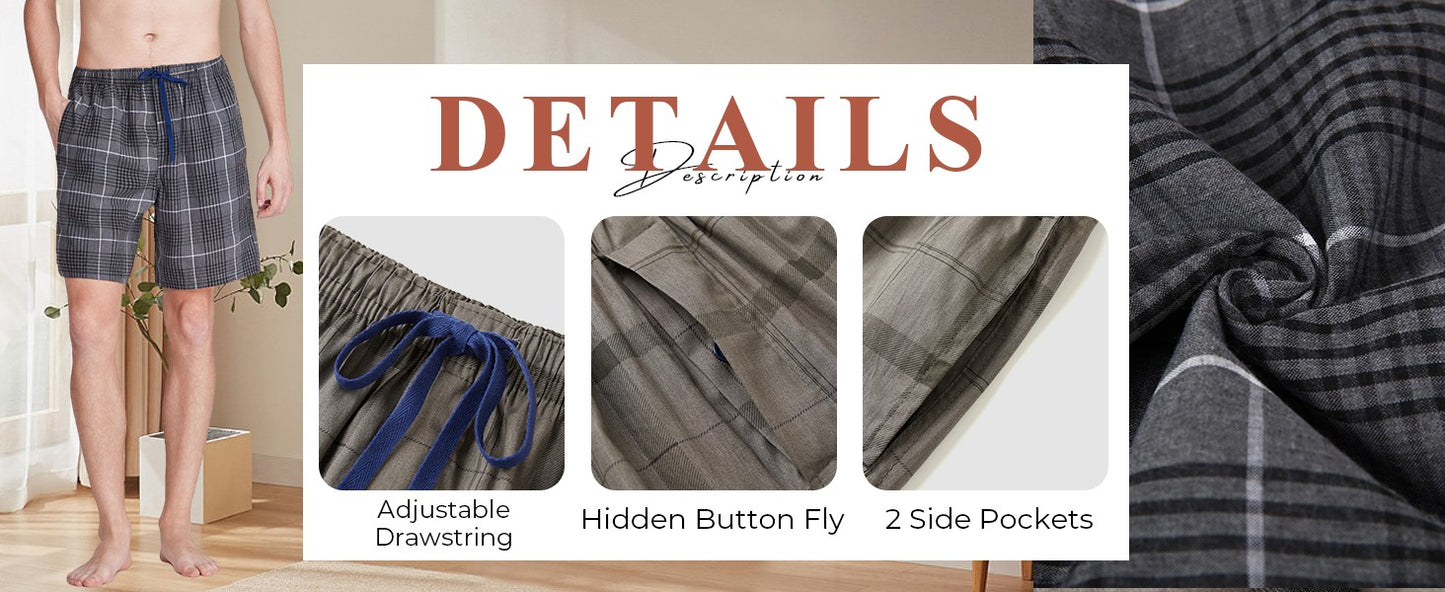 3pcs Mens Pajama Pants Woven 100% Cotton Classic Plaid Shorts Sleepwear Casual  Comfortable with Button and Drawstring Pockets