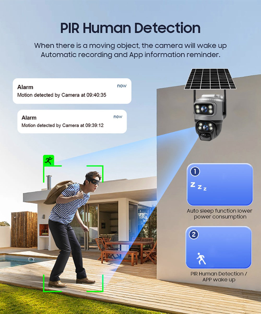 Câmera V380 Lente Dupla 4G Solar PIR Detecção Humana Visão Noturna À Prova D'Água Segurança Vídeo IP Câmera 8MP 4K Bateria Monitor CFTV