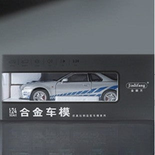 1/24 Nissan Skyline GTR-R34 Velozes e Furiosos Modelo de Carro em Liga Leve com Luz e Som Miniatura Colecionável Veículo de Brinquedo para Meninos
