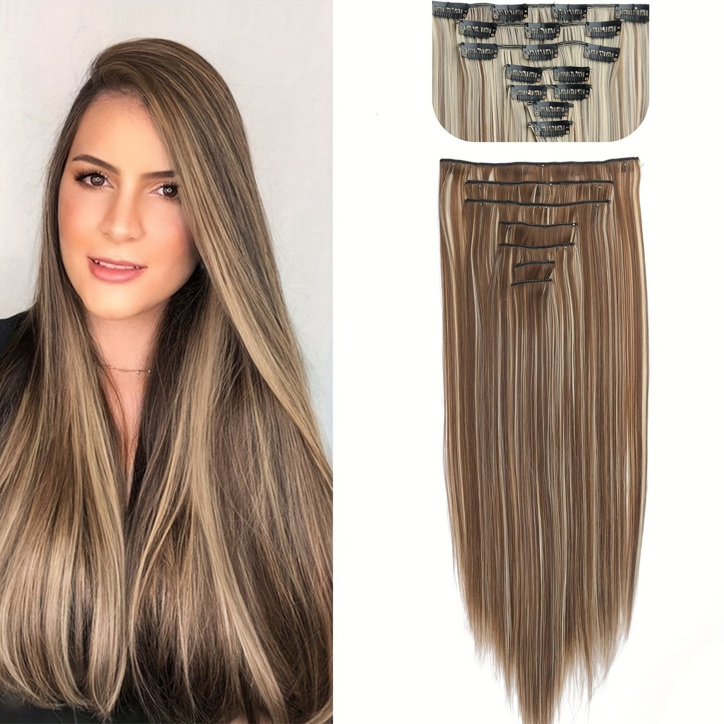 Cabelo Liso Comprido 16 Clipes 7 Pçs/Conjunto de Apliques de Cabelo Sintético Natural Loiro Preto Resistente ao Calor 2026