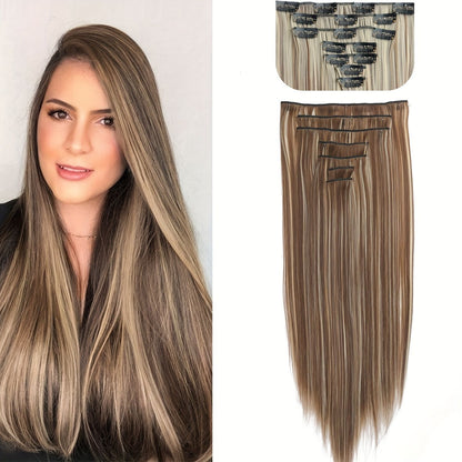 Cabelo Liso Comprido 16 Clipes 7 Pçs/Conjunto de Apliques de Cabelo Sintético Natural Loiro Preto Resistente ao Calor 2026
