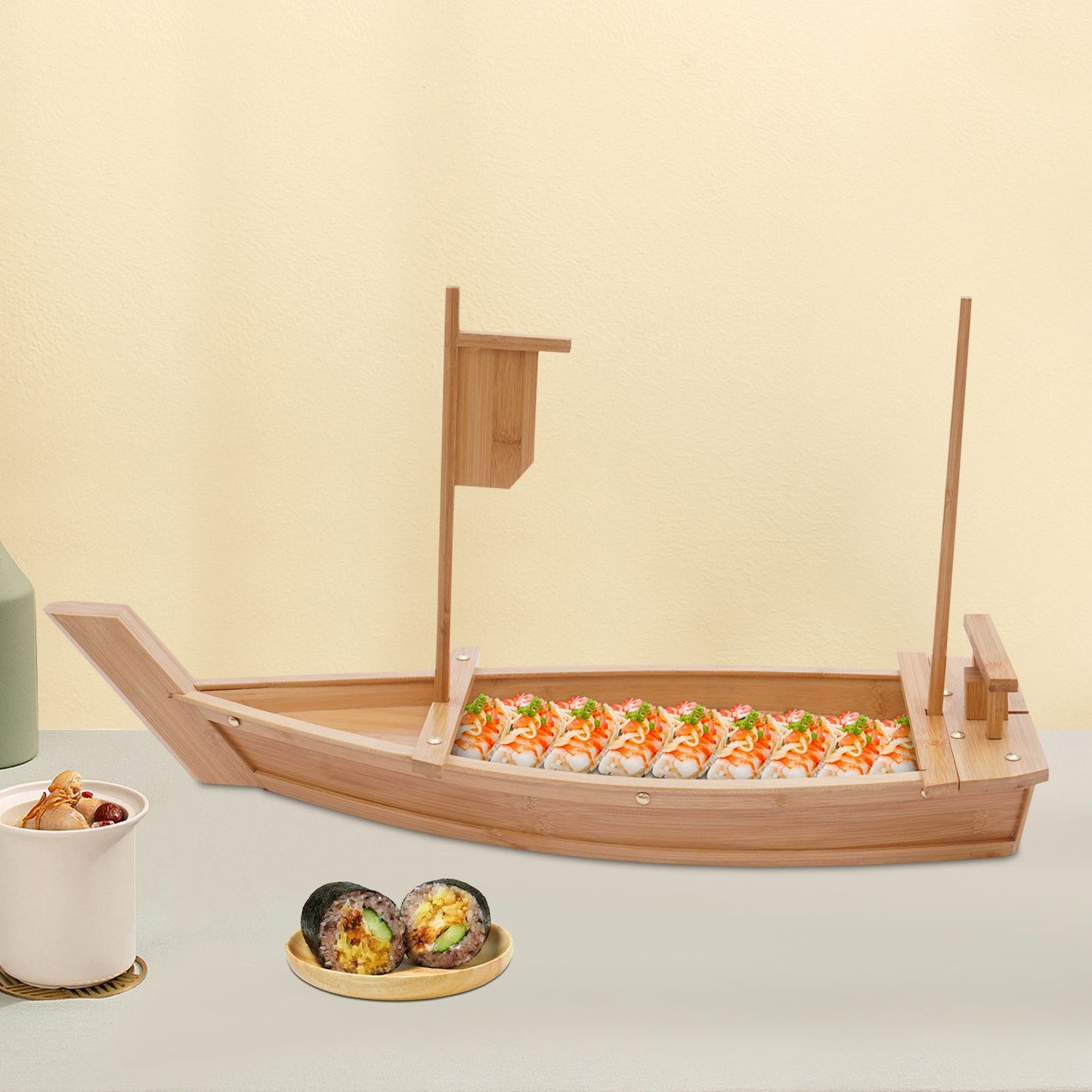 28in Bamboo Sushi Boat Serving Tray, 70cm Log Color Assembly Required Sushi Boat Serving Tray for Business or Personal Parties