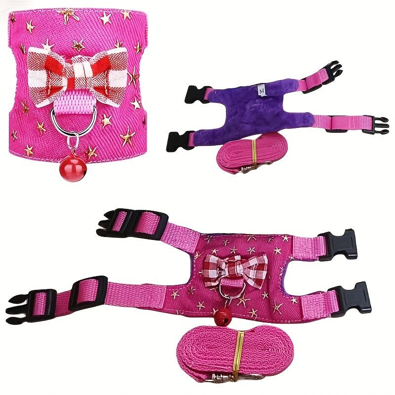 2 pçs/conjunto Arnês e Coleira para Hamster, Conjunto de Caminhada, Roupa para Pequenos Pets com Laço e Sinos, Colete Acolchoado Seguro e Confortável, Roupa para Hamster