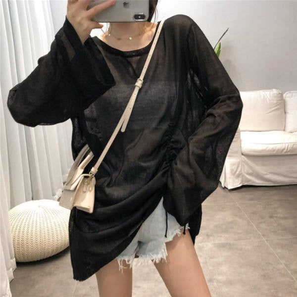 Women's 2025 Women's Summer New Beach Long sleeved Sunscreen Jacket Loose Hoodie Drawstring Upward Shirt