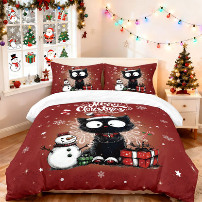 3pcs Christmas Cute Black Cat Print Choreless Bedding Set Multiple Size Bedroom Bedding Holiday Decoration Machine Washable