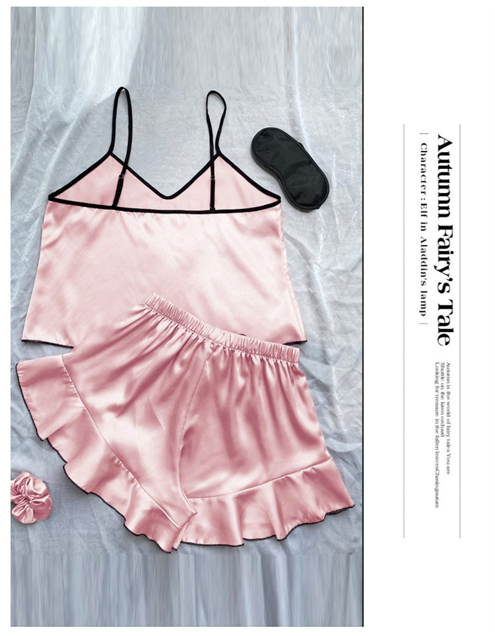 Women's Smooth Satin Pajamas V-Neck Top Ruffled Edges and Bow Shorts Simple and Breathable Pajama Set Sling Home Clothing