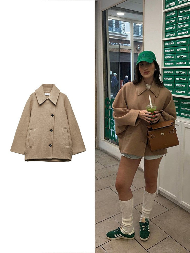 Sobretudo Feminino Casual Vintage Cáqui Manga Morcego Gola Lapela Quente Tweed Outono Inverno Moda Solto Abotoamento Único