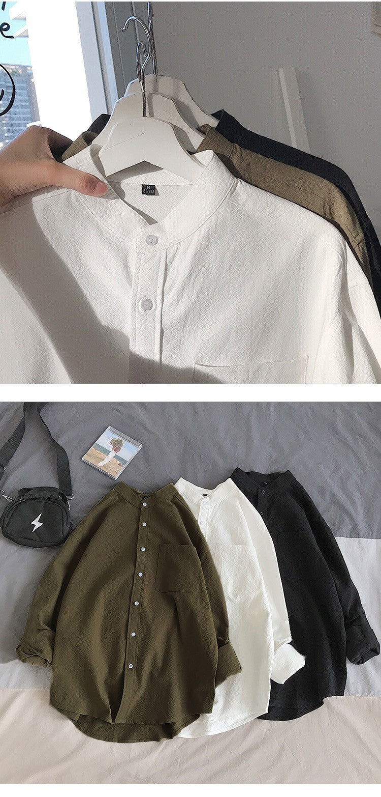 Simple Design Solid Colors Long Sleeve Shirts Korean Fashion Mandarin Collar 100% Cotton White Black Shirt Soft and Comfort