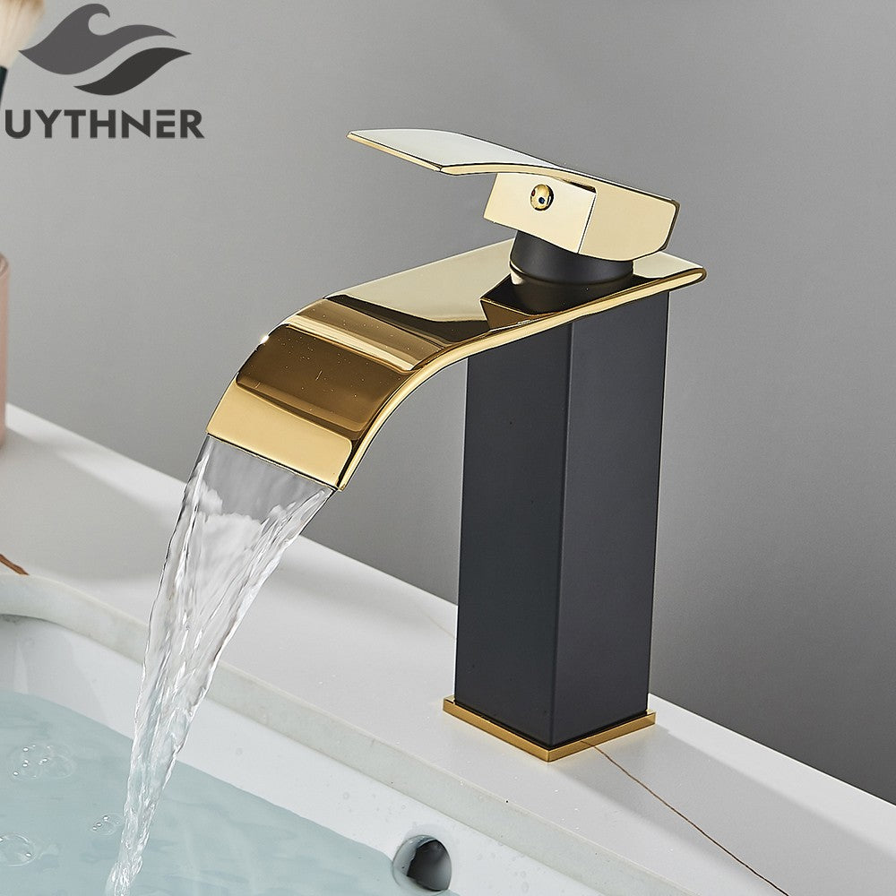 Brushed Golden Basin Faucets Elegant Waterfall Bathroom Sink Faucet Single Lever Hole Deck Mount Brass  Mixer Taps