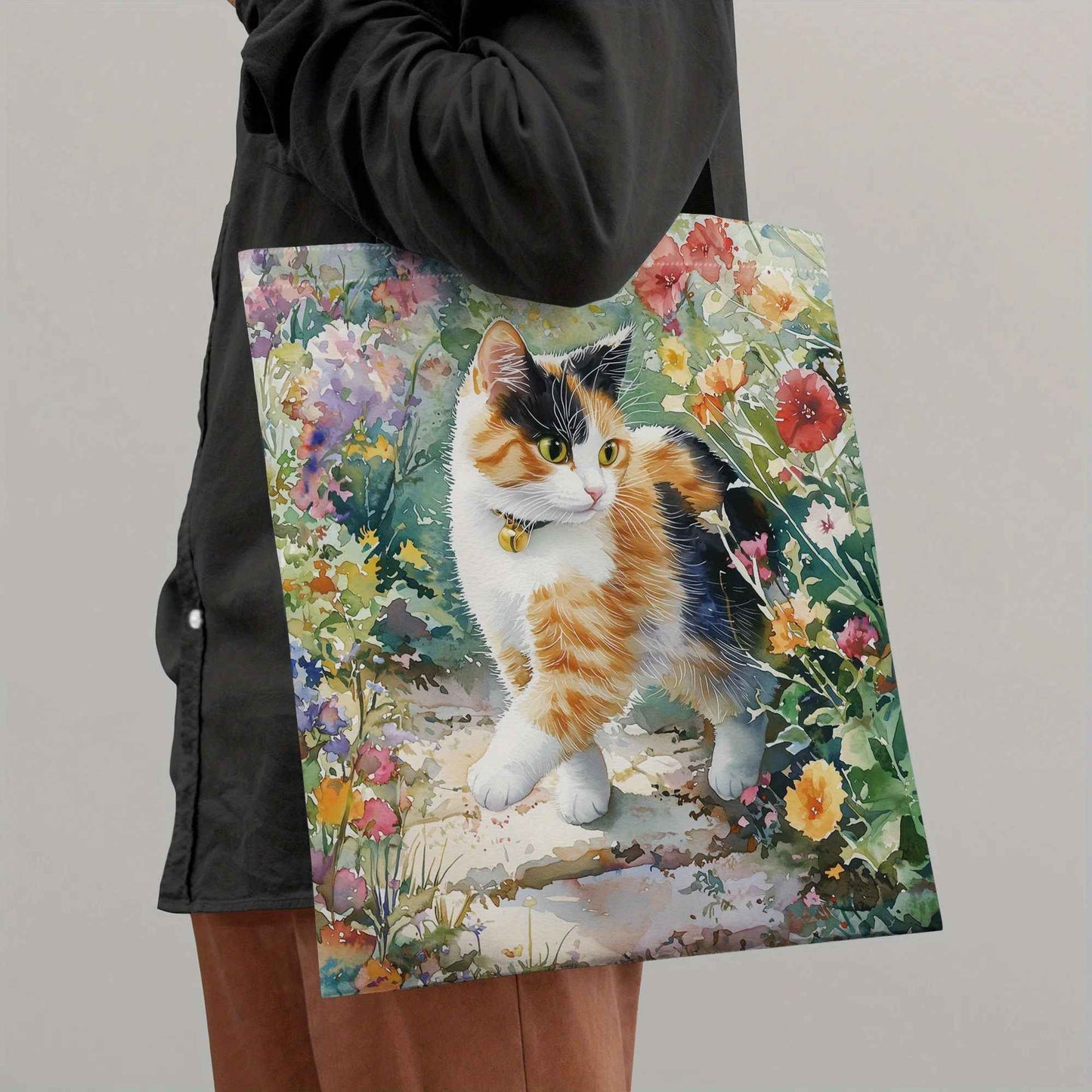 Watercolor Illustration of Cute Charming Calico Cat Print Shoulder Bag for Men Women Reusable Lightweight Portable Handheld Bag