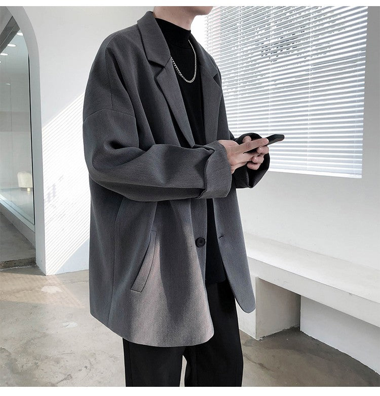 Autumn Men's Casual Solid Color Blazer Korean Style Business Single Trendy Oversize Business Suit Jackets Retro Daily Streetwear
