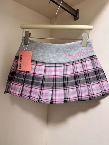 American Retro Spicy Girl Plaid Half Skirt Women Summer New Embroidery Patchwork Fashion High Waist Pleated Short Skirt