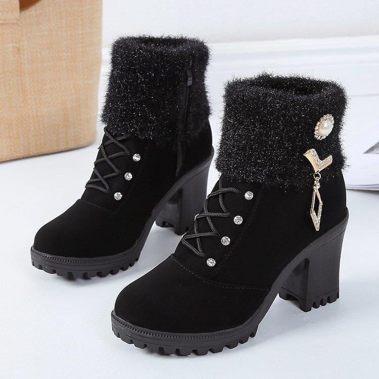 Women's Designer High Heels Shoes 2023 Winter New Warm Non-slip Block Cow Suede Warm Snow Boots Fashion Crystal Plush Goth Botas