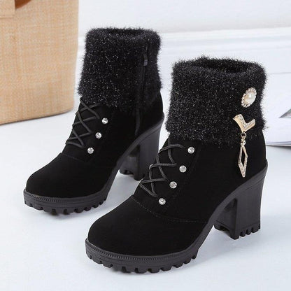 Women's Designer High Heels Shoes 2023 Winter New Warm Non-slip Block Cow Suede Warm Snow Boots Fashion Crystal Plush Goth Botas