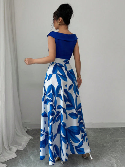 Women's Blue White Floral Maxi Dress Asymmetric Neckline Color Block Design Ideal for Evening Events Garden Parties Elegant Styl