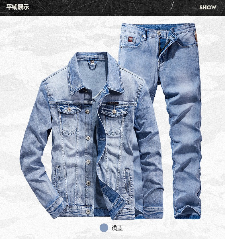 Sets Blue Jean Jackets Men's Fashion Multi Pockets Loose Casual Cotton Vintage Street Cowboy Coats Brand Clothes Denim Pants Men