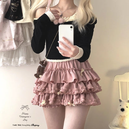 Y2K Sweet Ruffles Mini Skirt Women Kawaii Lolita Bow A Line Skirts Harajuku Japanese Cute High Waist Pink Blue Cake Skirt