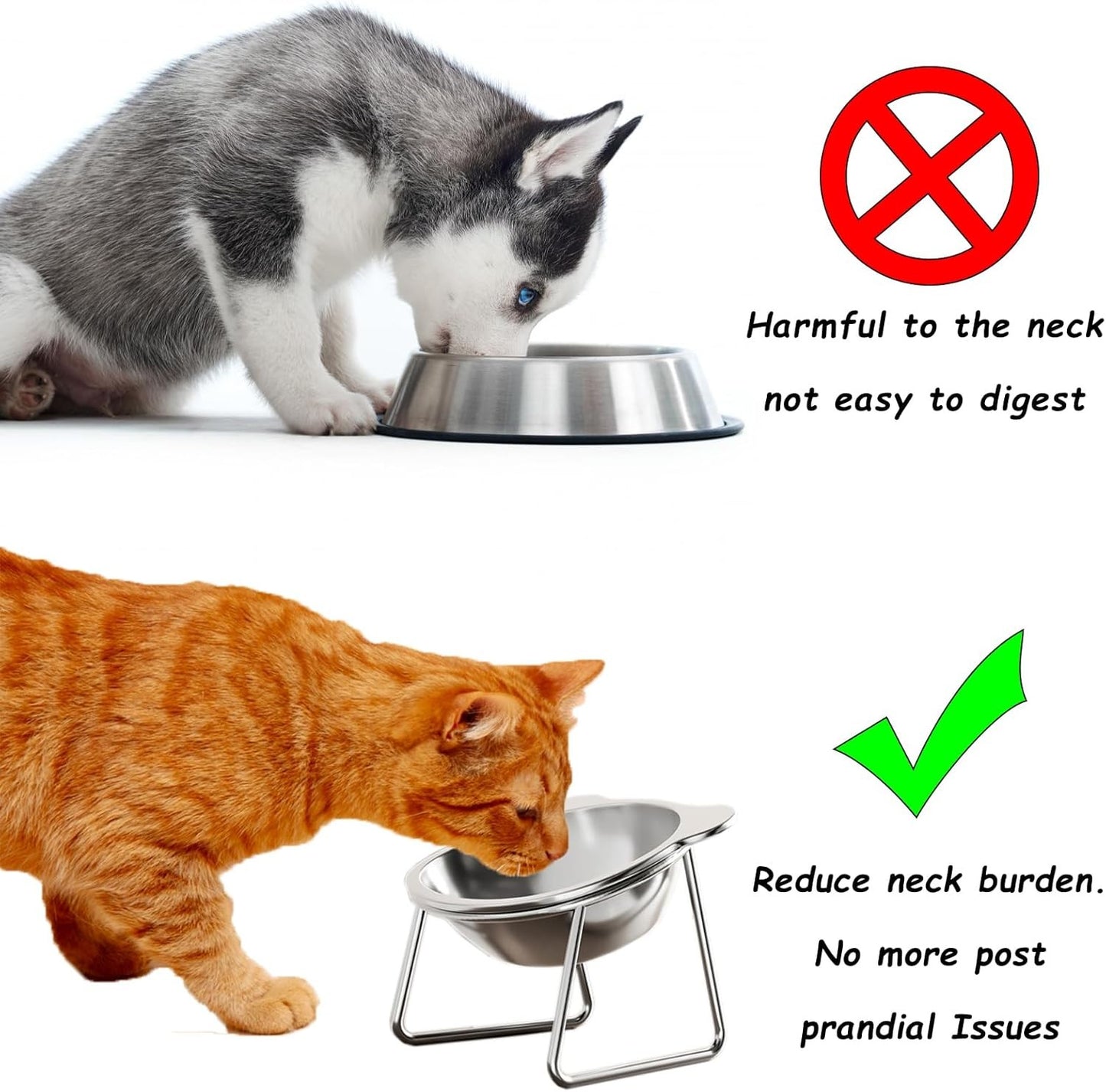 Tigelas Elevadas Estáveis para Gatos, Tigelas Elevadas para Cães com Proteção de Pescoço a 15°, Tigela de Comida para Gatos Inquebrável de Aço Inoxidável 304 para Filhotes e Gatos