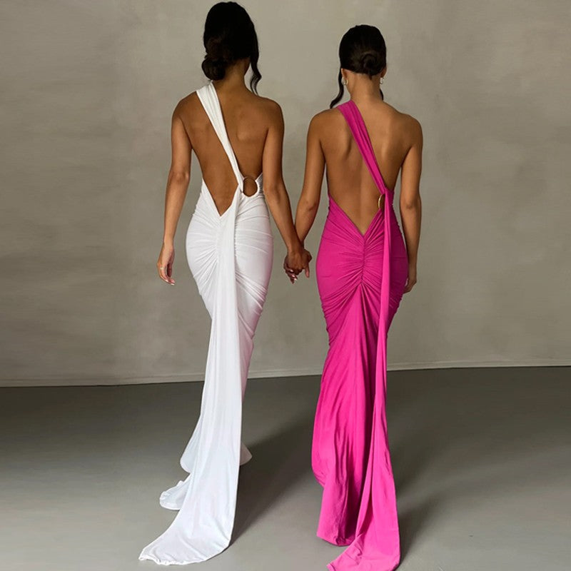 Hugcitar One Shoulder Backless Adjustable Scarf Loop Ruched Sexy Maxi Dress Wome