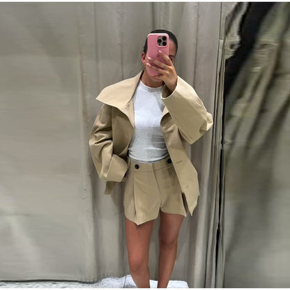 Belted Waist Cropped Trench Double Breasted Stand Collar 2025 Autumn Chic Elegant Women Coat Casual Vintage Office Lady Jacket