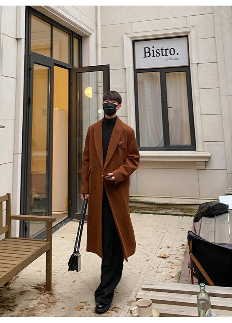 Mauroicardi Autumn Winter Long Warm Coffee Black Soft Woolen Coat Men Double Breasted Loose Casual Wool Blends Overcoat 2023