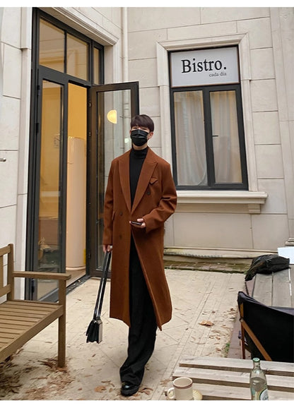 Mauroicardi Autumn Winter Long Warm Coffee Black Soft Woolen Coat Men Double Breasted Loose Casual Wool Blends Overcoat 2023