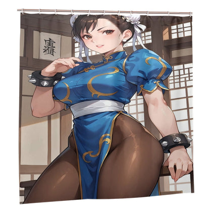 Cortina de Chuveiro Inspirada em Chun Li com Ganchos, Decoração de Banheiro em Poliéster Removível e Durável, Lavável à Máquina, Elegan