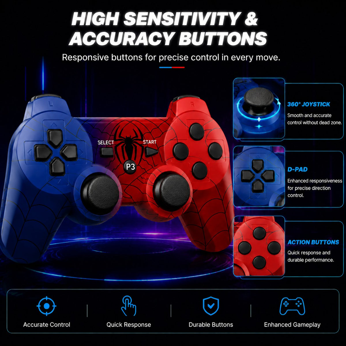 Wireless Controller for Spider-Man PS3 Dual Analog Rechargeable Game Controller for P3 Console with Cable Dual Vibration