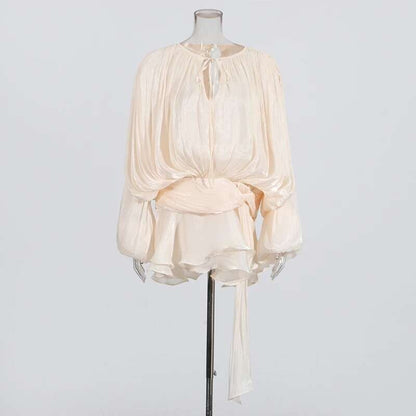 TWOTWINSTYLE Solid Blouse Mini Dresses For Women V Neck Long Sleeve Spliced Lace
