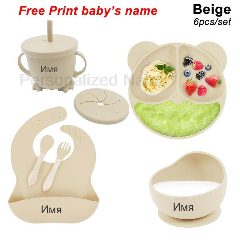 Personalized Name Tableware For Kids Silicone Suction Cup Plate Bowl Baby Feeding Set Children Dinner Dishes Bowl Spoon Cup