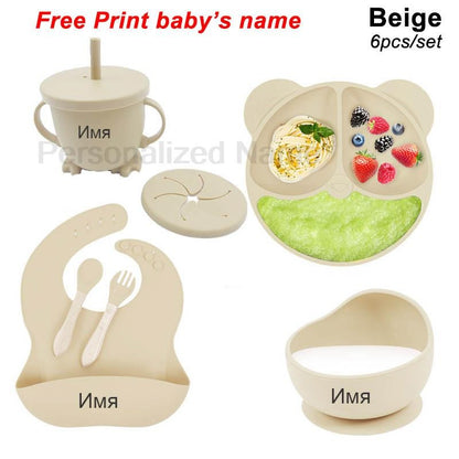 Personalized Name Tableware For Kids Silicone Suction Cup Plate Bowl Baby Feeding Set Children Dinner Dishes Bowl Spoon Cup