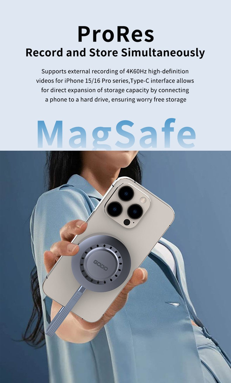 GODO Magnetic M.2 2230 NVMe Magsafe SSD Enclosure for iPhone 15/16 Pro & iPad Pro ProRes, External Portable USB-C SSD Case