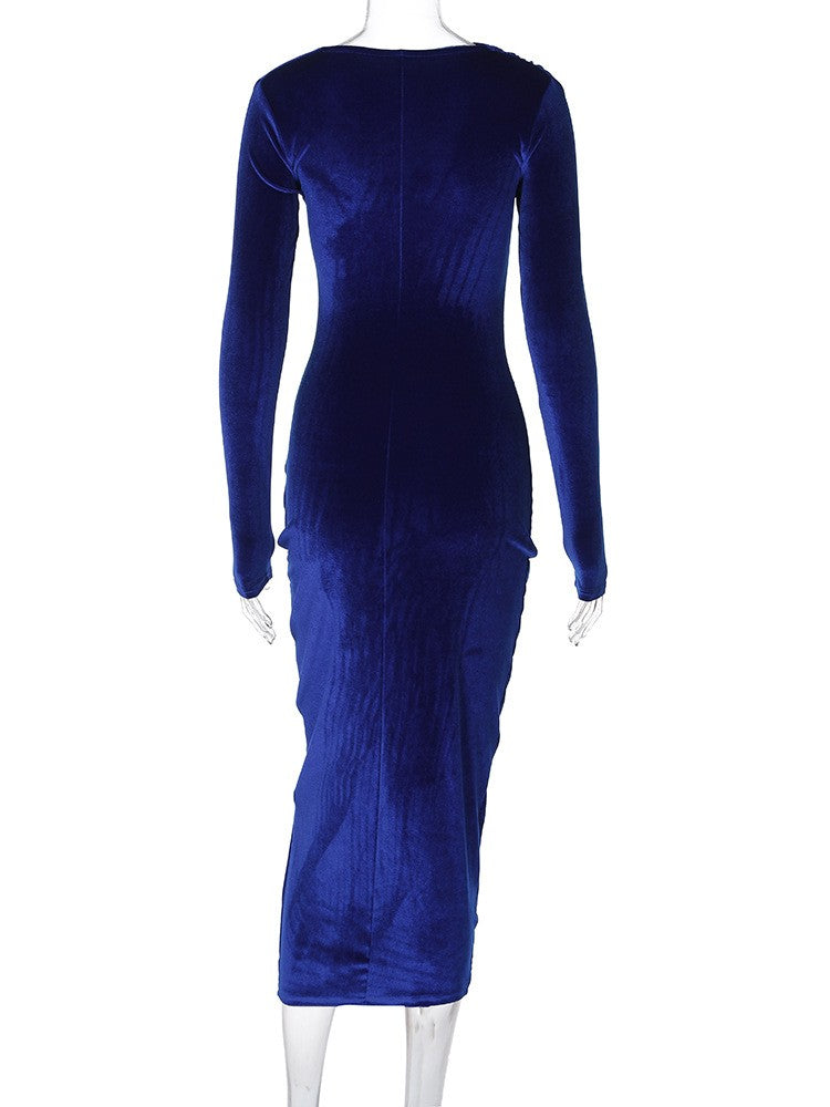 Dulzura 2024 Spring Summer Velvet Long Sleeve Midi Dress For Women Ruched Long D