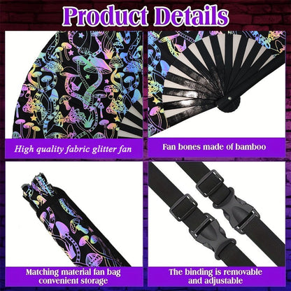 33 CM Bright Flash Reflective Glitter Folding Hand Fan with Holster, Mushroom Folding Fan for Raves Music Festivals, Carnivals