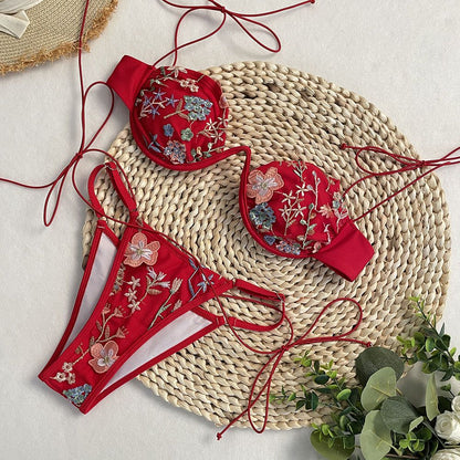 DEBAIOR 2025 Women Bikini Set Floral Embroidery Lingerie Set Women Sheer 2-Piece Boho Bra + Panty Underwear Set Intimates