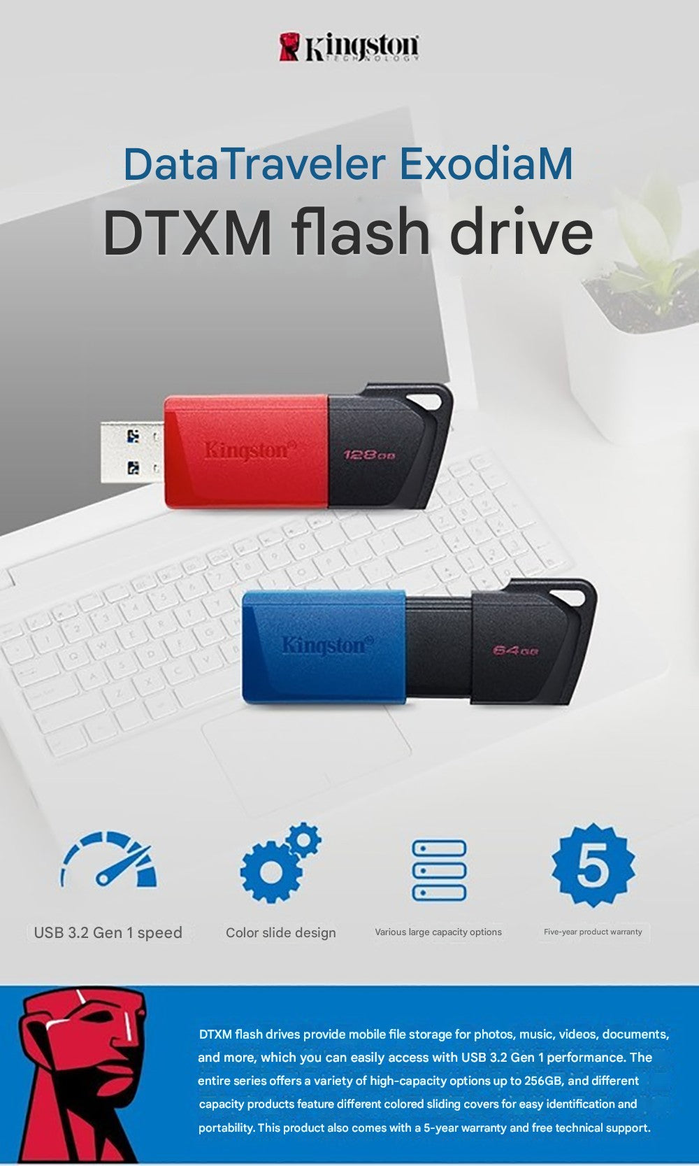 Pen Drive Kingston USB 3.2 Gen 1 Unidade Flash 64GB 128GB 256GB Disco Flash Mini Chave de Memória Original Pen Drive 3.2 para PC