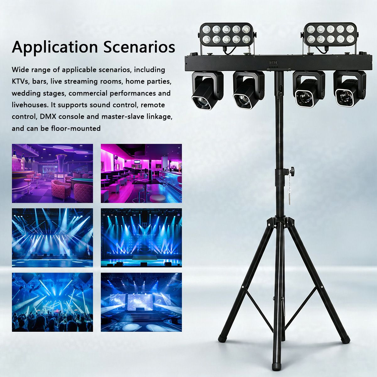 Reiz 4x40W RGBW Beam Ring With 20x8W LED Wall Wash Strobe 3in1 Effect Bar set Stand Stage Light Remote control For bar DJ discos