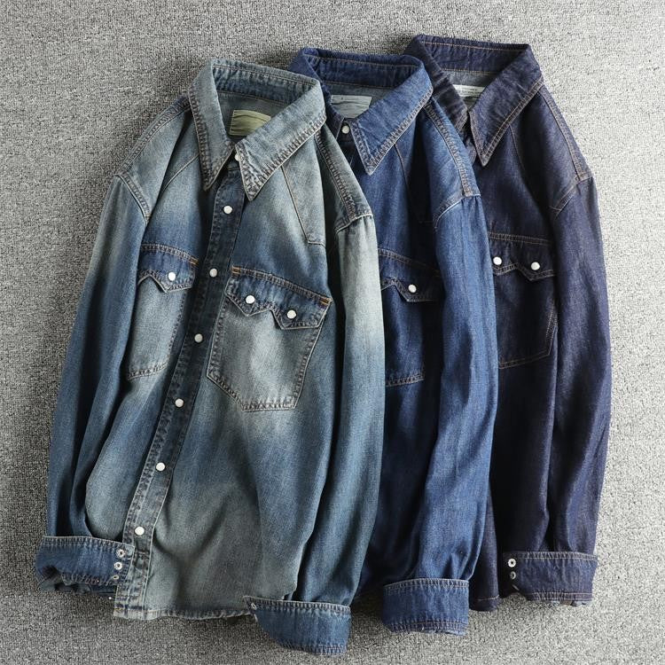 Autumn New American Retro Heavyweight Double Pocket Denim Cargo Shirt Men's Simple 100% Cotton Washed Casual Blouses Thin Jacket