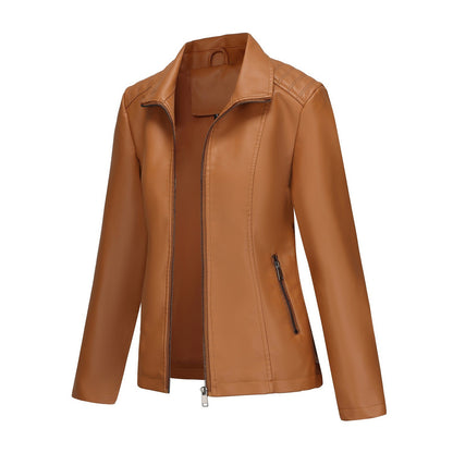 2025 Women’s Stylish Brown Faux Leather Jacket - Slim Fit, Trendy Moto Style with Zipper Detail PU Coat.