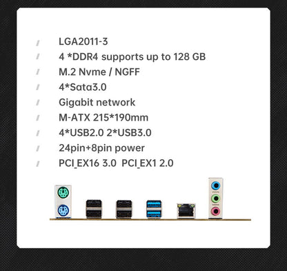 QIYIDA X99 Motherboard set LGA 2011-3 Xeon E5 2680 V4 CPU DDR4 8GBx2PCS=16GB NVME NGFF M.2 SATA3.0 USB3.0 X99 C612chip