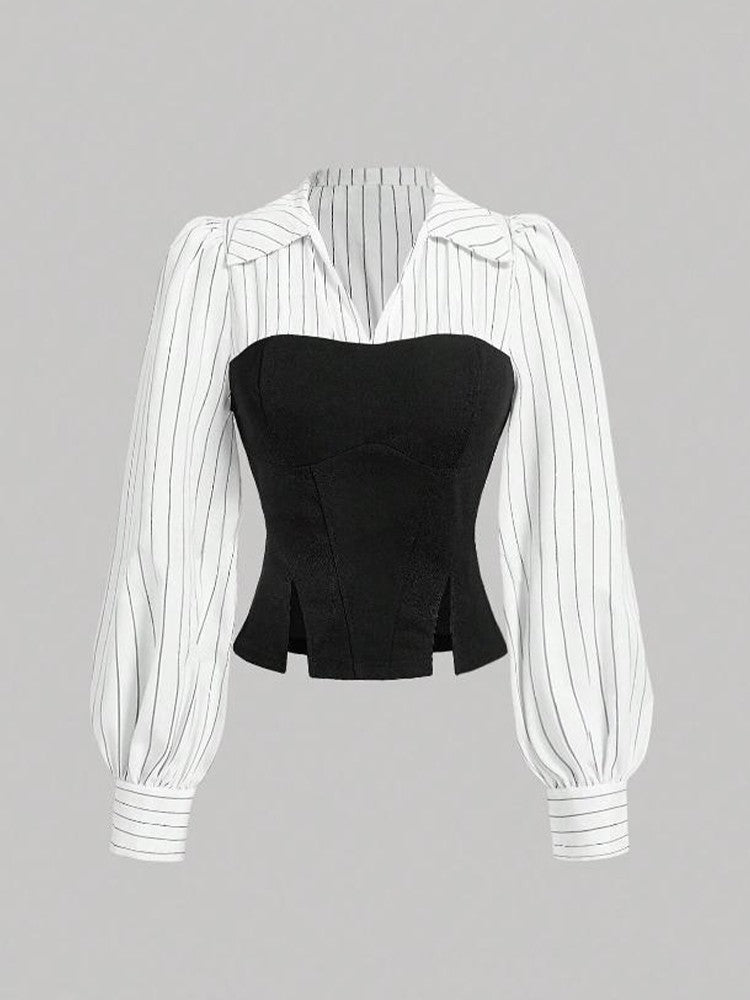 Women Elegant Striped Shirt Business Casual Office Blouse with Lapel Spliced Design Fashion Slim Fit Work Shirt