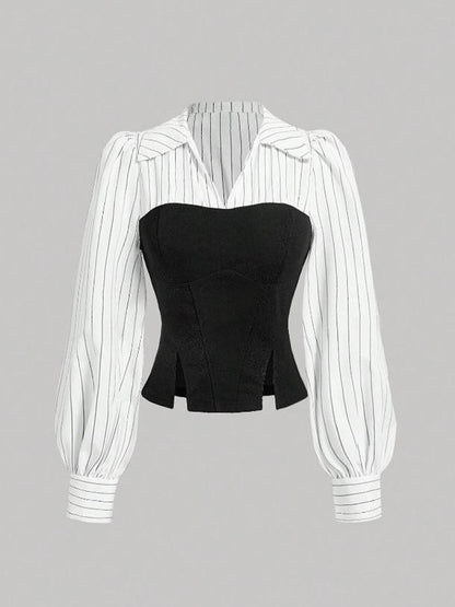 Women Elegant Striped Shirt Business Casual Office Blouse with Lapel Spliced Design Fashion Slim Fit Work Shirt