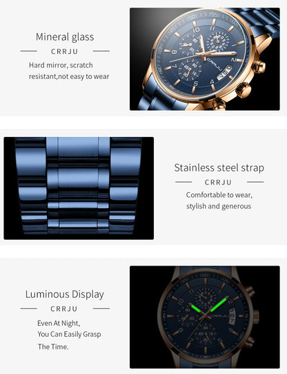 CRRJU Men Quartz Wristwatches Luxury Brand Sporty Chronograph Watches with 316 Stainless Steel Luminous Hands Male Clock Red