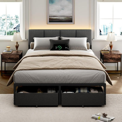 Estrutura de Cama de Casal Furnulem com Cabeceira, Cama de Casal Estofada com Luz LED, Estação de Carregamento USB, Base de Cama