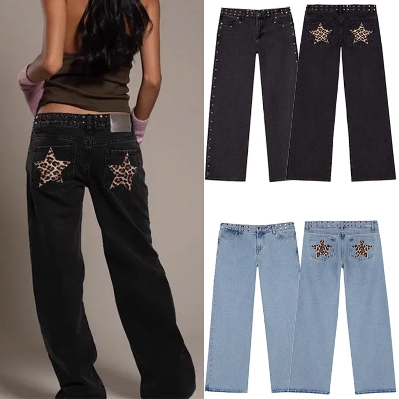 Women Y2K Vintage Jeans Patchwork Leopard Star Pattern Metal Rivet Jeans Female Baggy Casual Straight Leg Pants Women Clothing