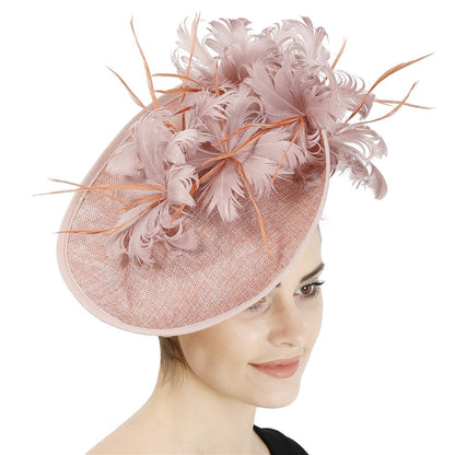 Bonés Cinzentos Millinery Com Acessórios de Tiara Imitação Sinamay Chapéu Derby de Coquetel Feminino Fascinadores de Cabelo de Noiva com Pena Chique