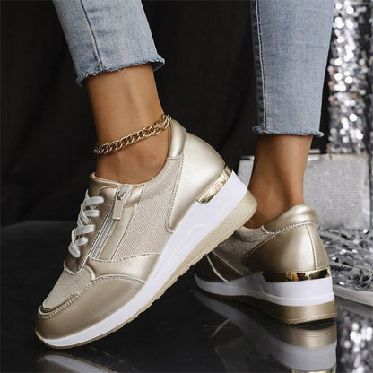 Fashion Thick Bottom Silver Sneakers Women 2025 Spring Wedge Heel Vulcanized Shoes Woman Comfortable Lace Up Sport Sneaker Mujer