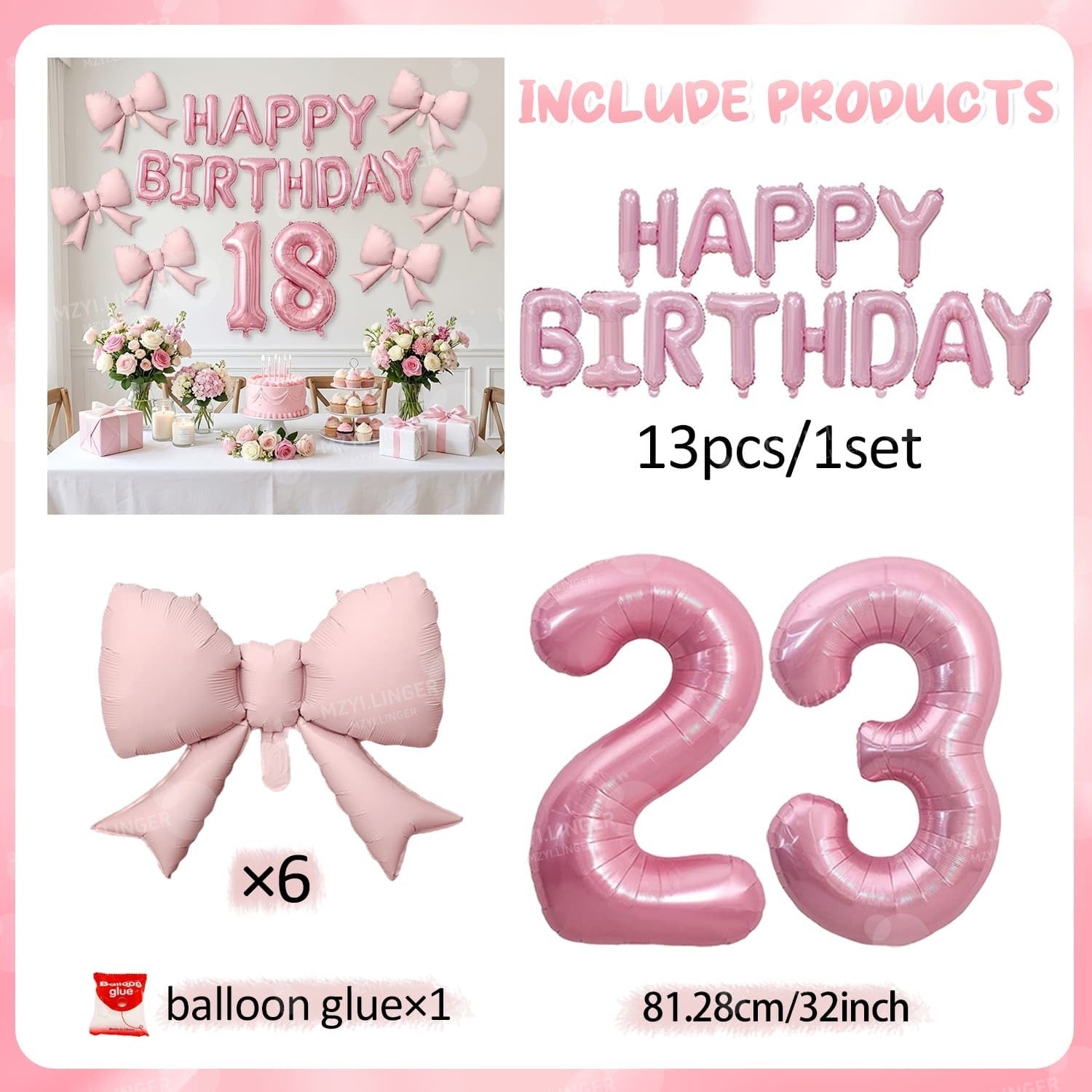 Pink Bow Birthday Balloon Happy Birthday Letter Balloon Used for Wedding, Valentine's Day, Birthday, Proposal Decoration Decor